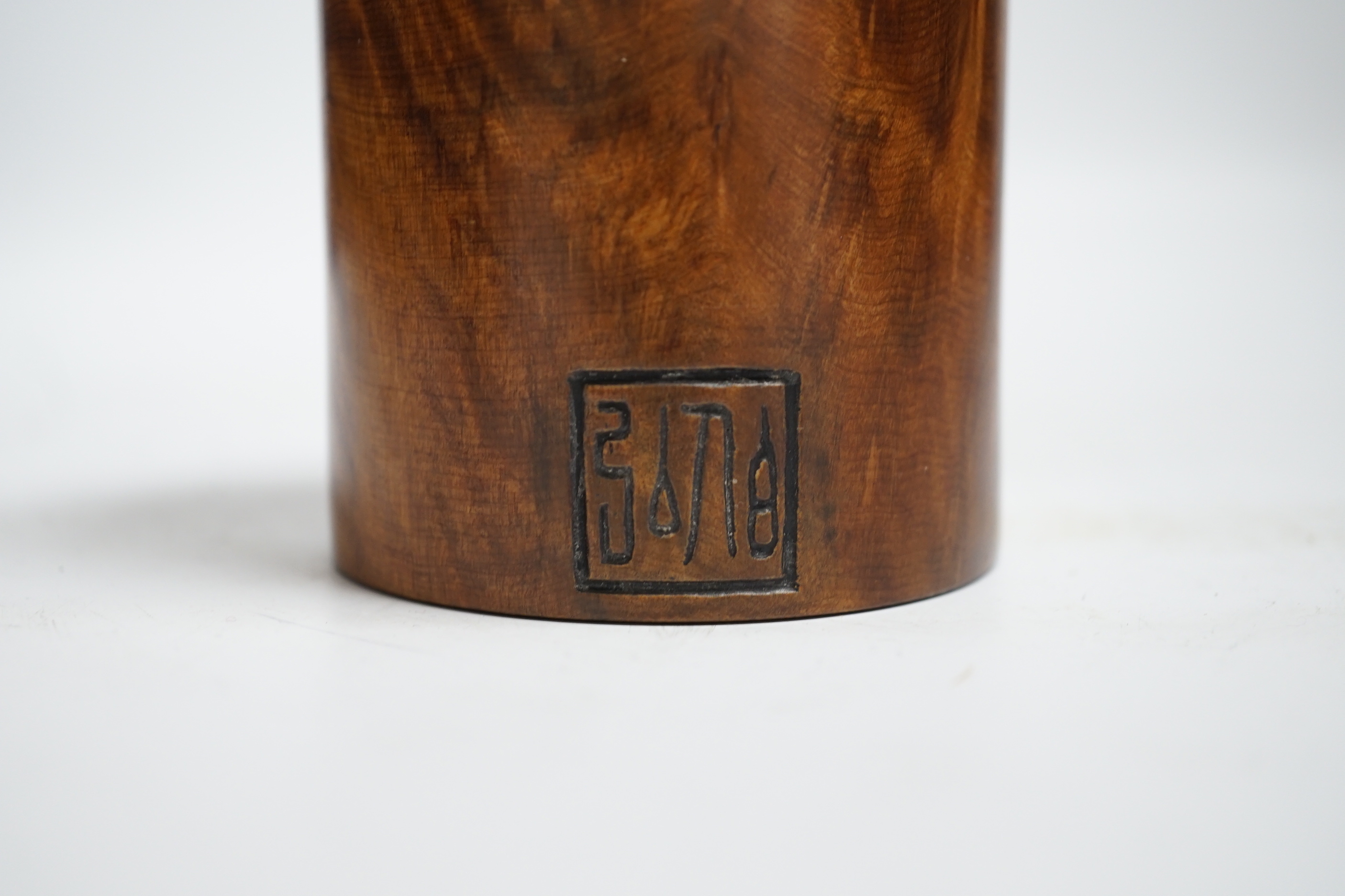 A Chinese burr wood brush pot with traces of lacquer, signed, 9cm